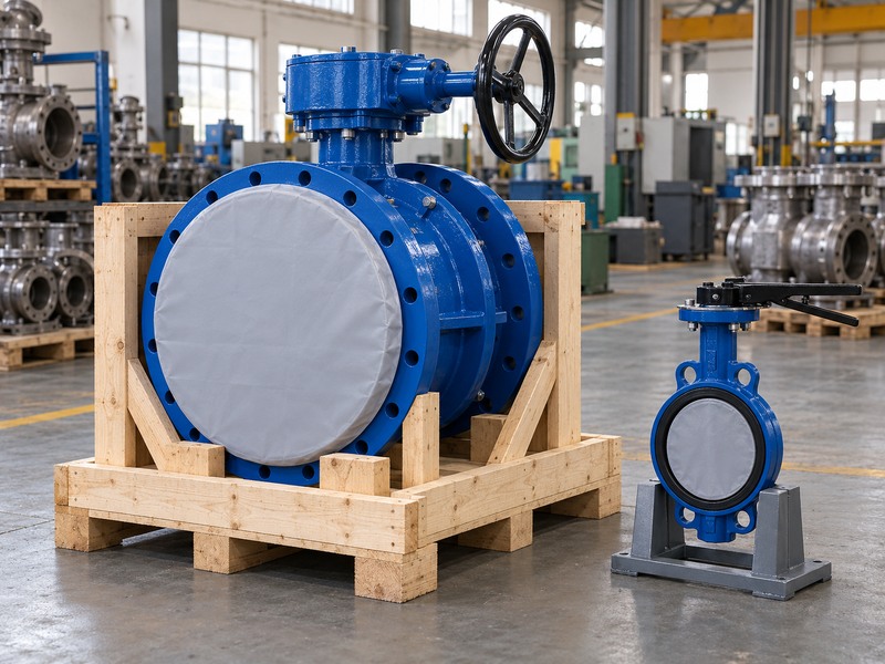 Large protected flanged valve and smaller wafer valve in separate cradles