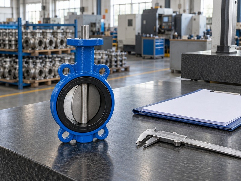 Valve and blank dimensional-review folder on an inspection bench