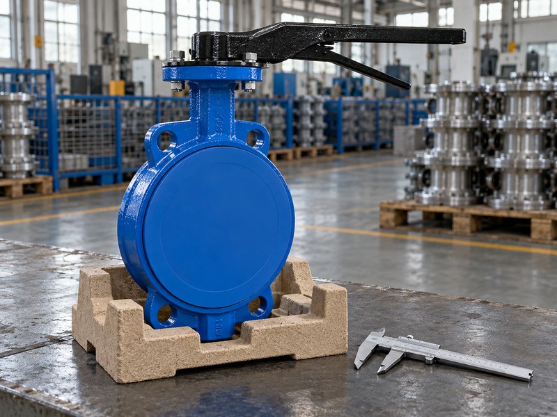 Protected wafer valve secured in a fitted packing cradle