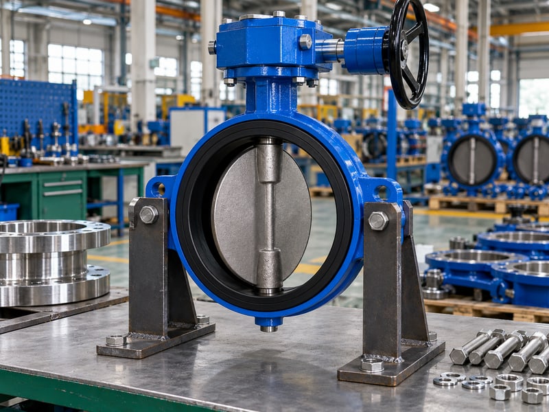 butterfly valve stem orientation: illustrative supported butterfly valve and pipe-interface components at a fit-up work station