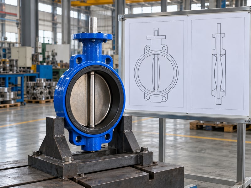 butterfly valve stem orientation: illustrative supported bare butterfly valve with vertical exposed stem beside anonymous geometric assembly drawings