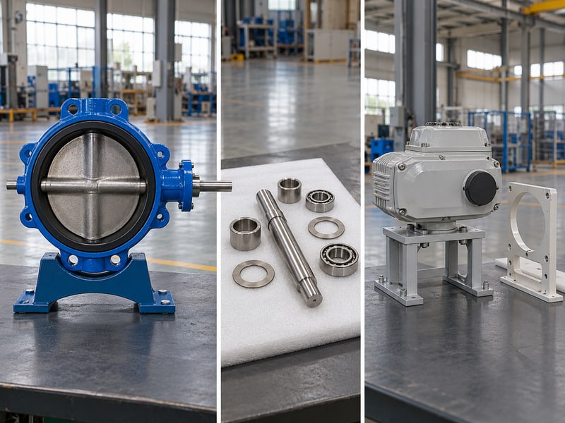 butterfly valve stem orientation: illustrative qualitative photo matrix of horizontal-shaft valve, separate bearing parts and isolated supported drive