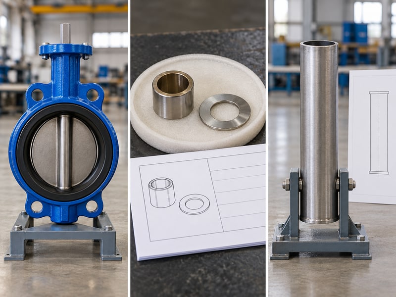 butterfly valve stem orientation: illustrative qualitative photo matrix of vertical-shaft valve, separate retention parts and independently supported vertical pipe