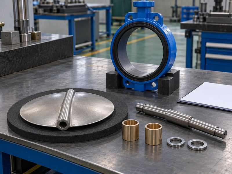 butterfly valve stem orientation: illustrative separate butterfly disc, shaft, plain bearing sleeves and retention washers beside a supported empty valve body