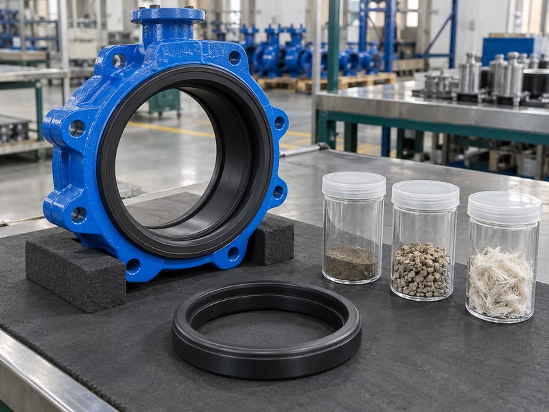 butterfly valve stem orientation: illustrative empty seated valve body and separate seat ring beside closed unmarked particle and fiber sample jars