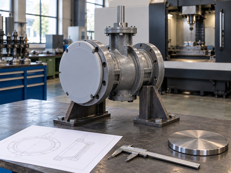 butterfly valve stem orientation: illustrative covered flanged valve beside anonymous section sketches and replacement review tools