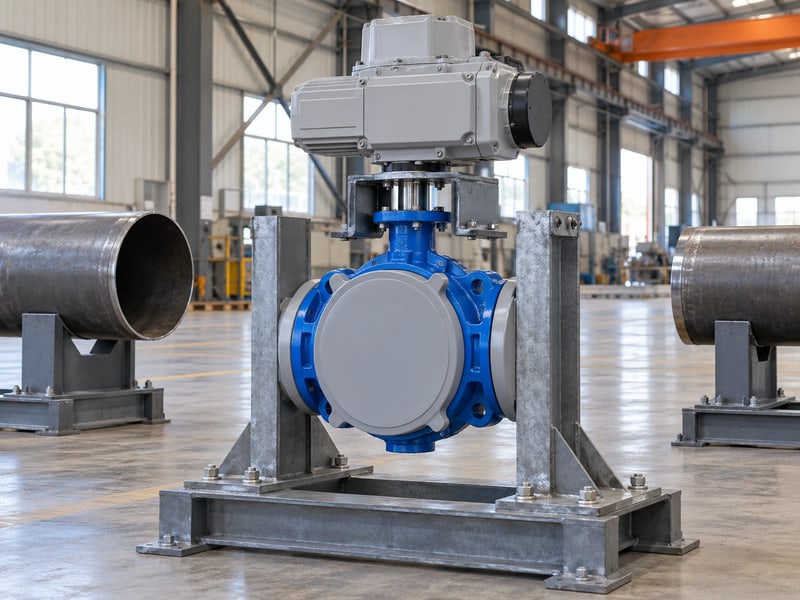butterfly valve stem orientation: illustrative closed electric butterfly valve assembly supported through fixed body and actuator structures beside detached pipe sections