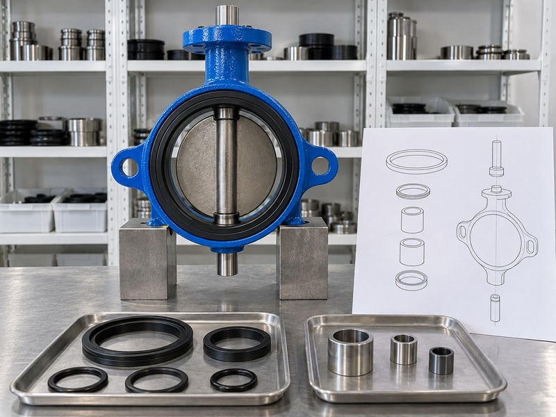 butterfly valve stem orientation: illustrative supported standalone valve beside separate shaft seal rings, bushings and anonymous component sketches