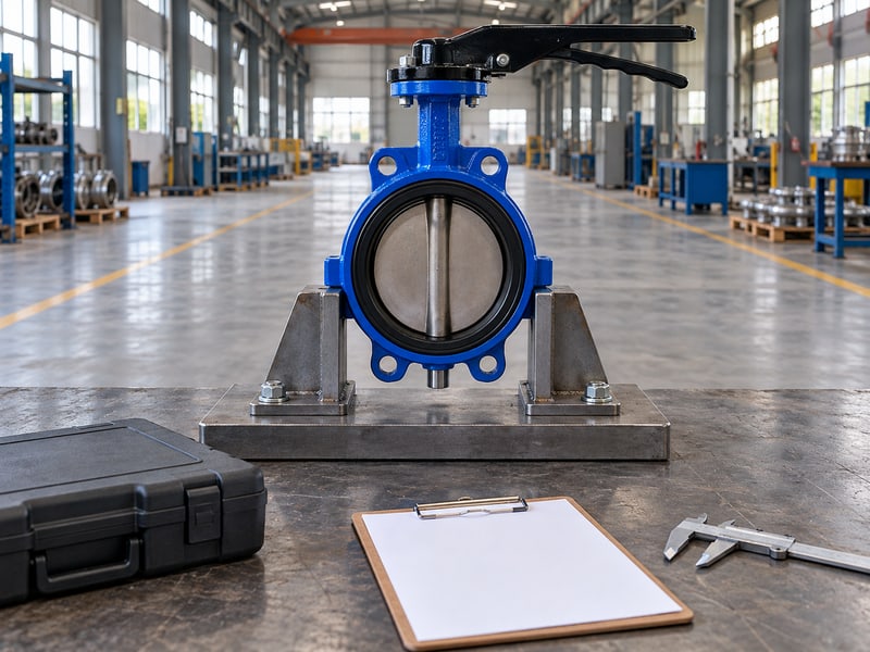 butterfly valve stem orientation: illustrative supported standalone valve, empty inspection checklist and closed tools before a mechanical check