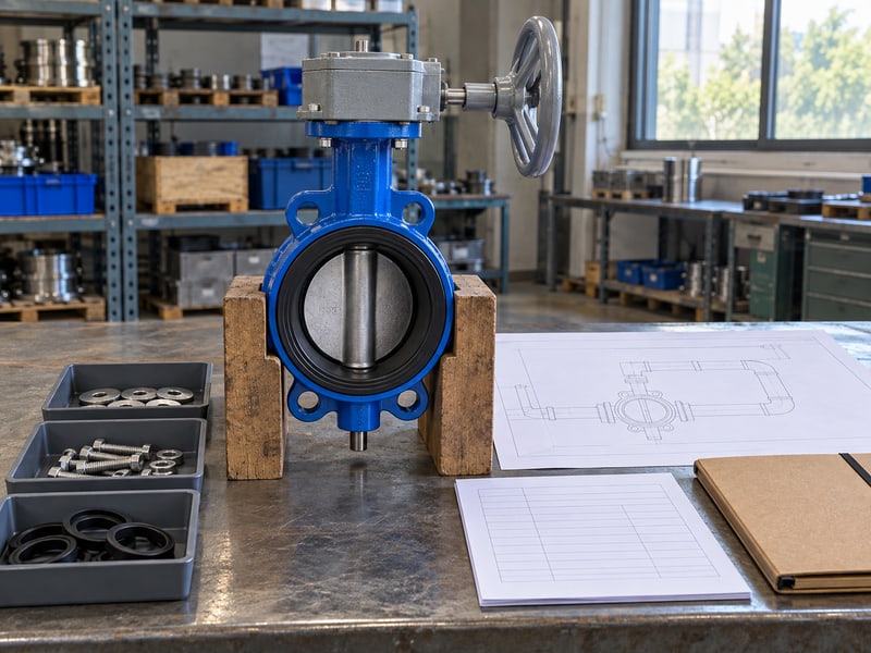 butterfly valve stem orientation: illustrative gear-operated valve beside anonymous layout sketches and blank supplier review records