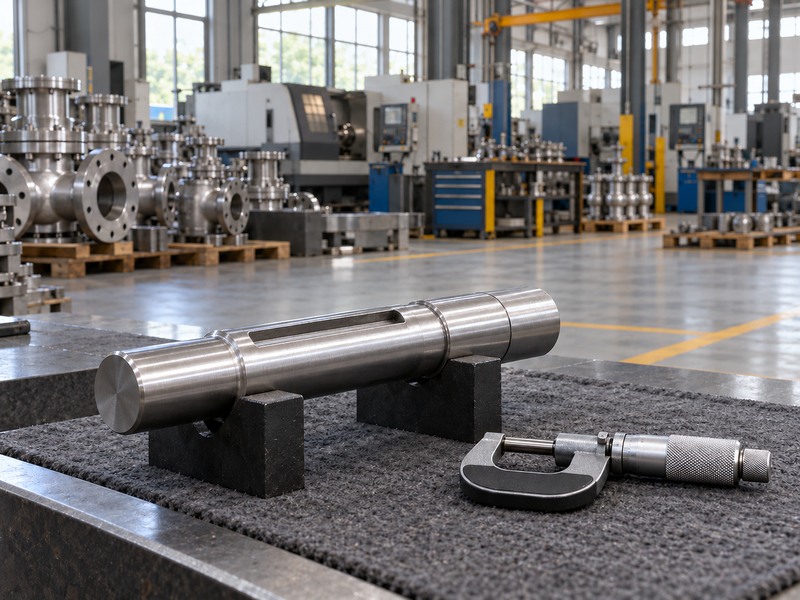 Separate machined shaft sample beside a closed micrometer