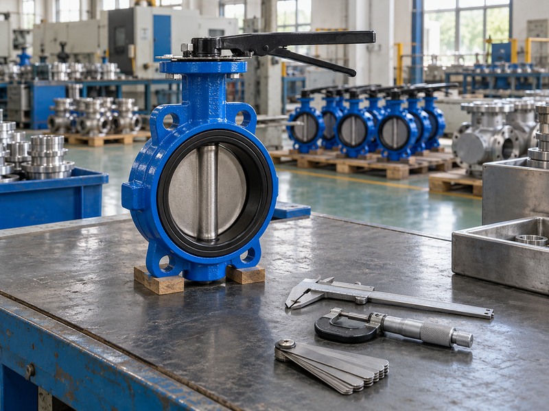Caliper, micrometer and pitch gauge beside a butterfly valve