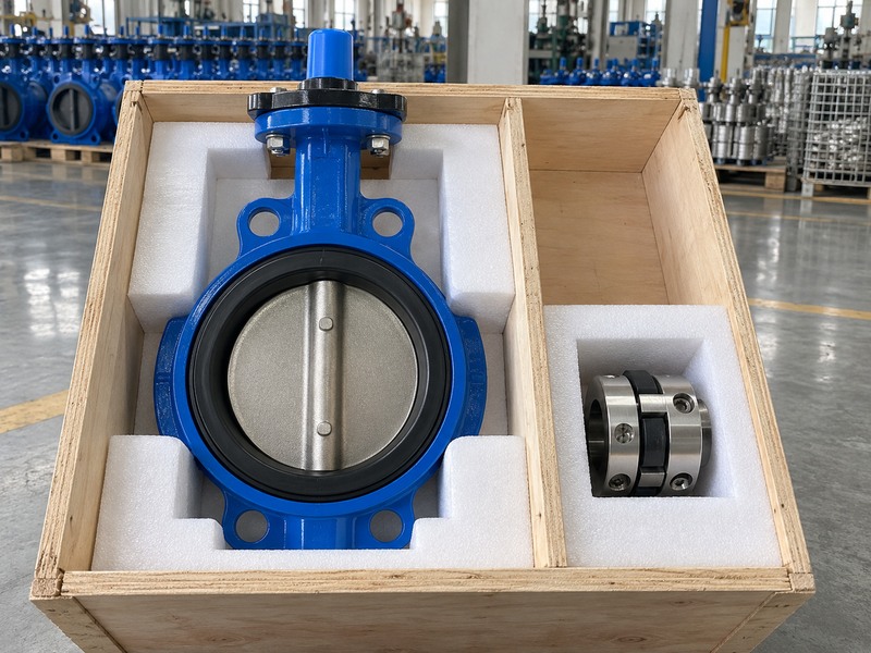 Wafer butterfly valve and separate coupling in a fitted packing cradle