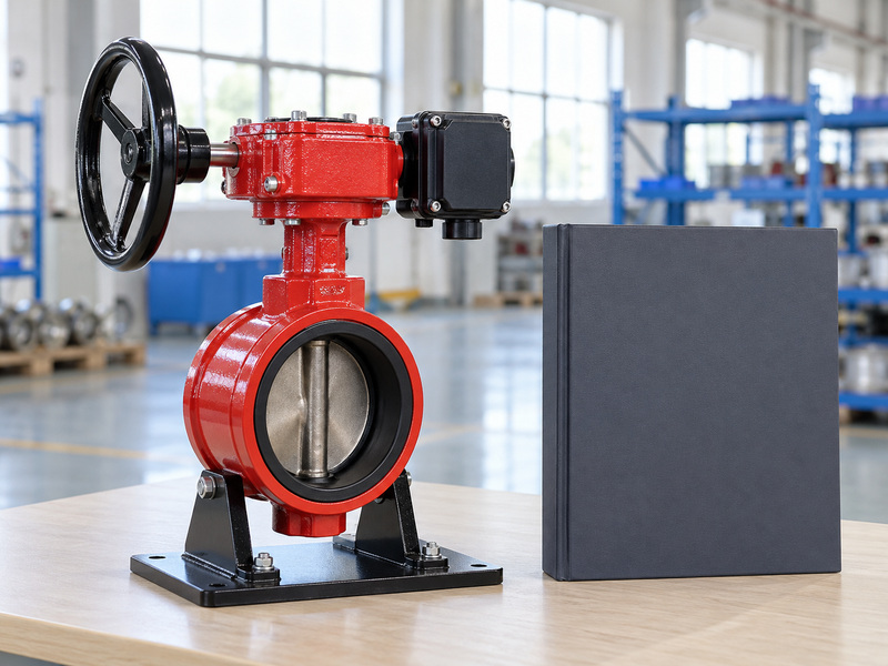 Illustrative butterfly valve supervisory switch beside a blank gray technical folder on a factory review bench.
