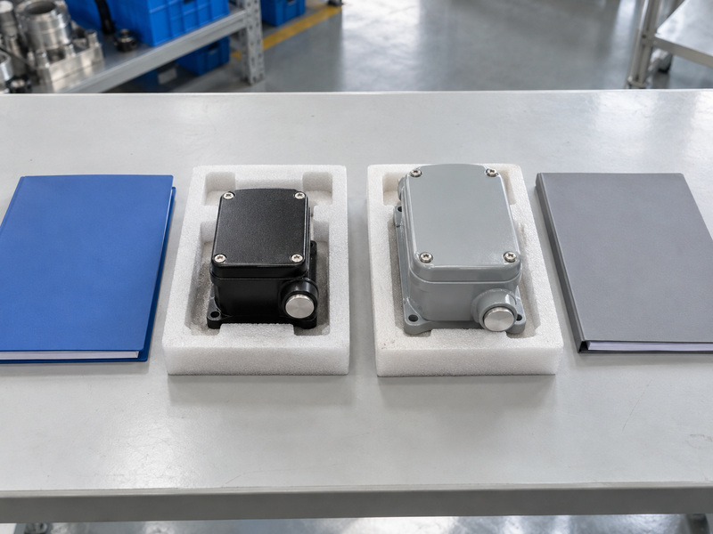 Illustrative butterfly valve supervisory switch rating-document review with two separate closed housings in foam trays beside blue and gray blank folders.
