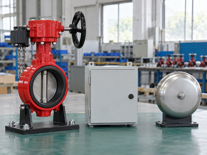 Illustrative butterfly valve supervisory switch load-role review with a complete valve, visible metal tether chains, a separate closed monitoring enclosure, and an unpowered bell.
