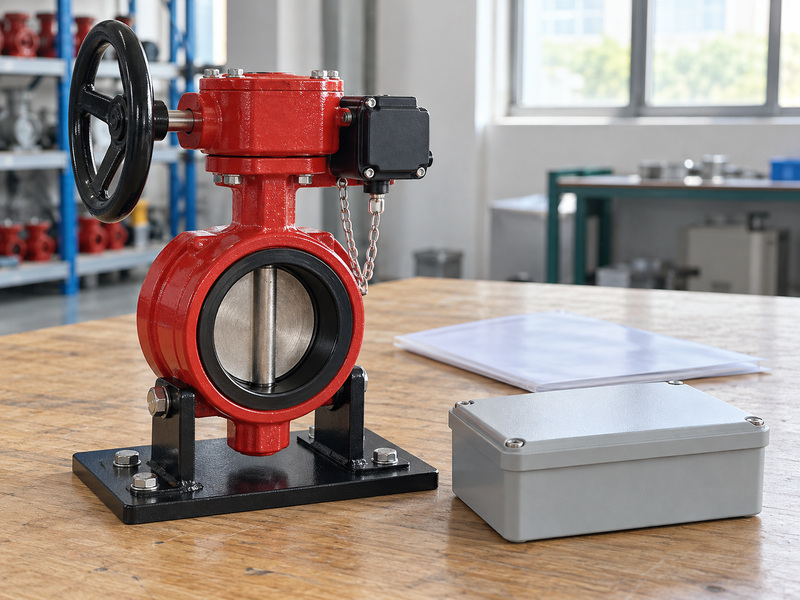 Illustrative butterfly valve supervisory switch interface review with a complete supported valve, a visible metal tether chain, a separate closed gray module enclosure, and blank document sleeves.