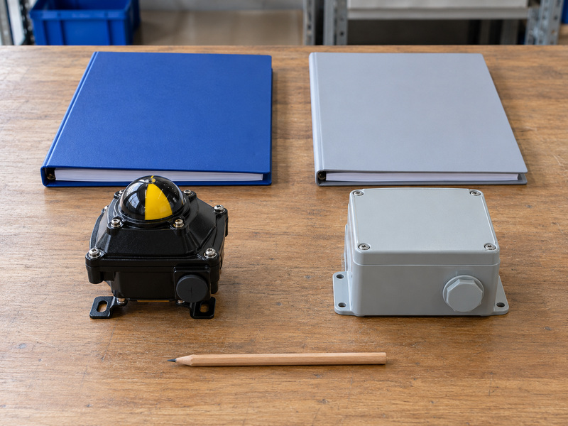 Illustrative butterfly valve supervisory switch document review with a closed dome-indicator housing, a separate closed gray module box, blue and gray blank folders, and a plain pencil.