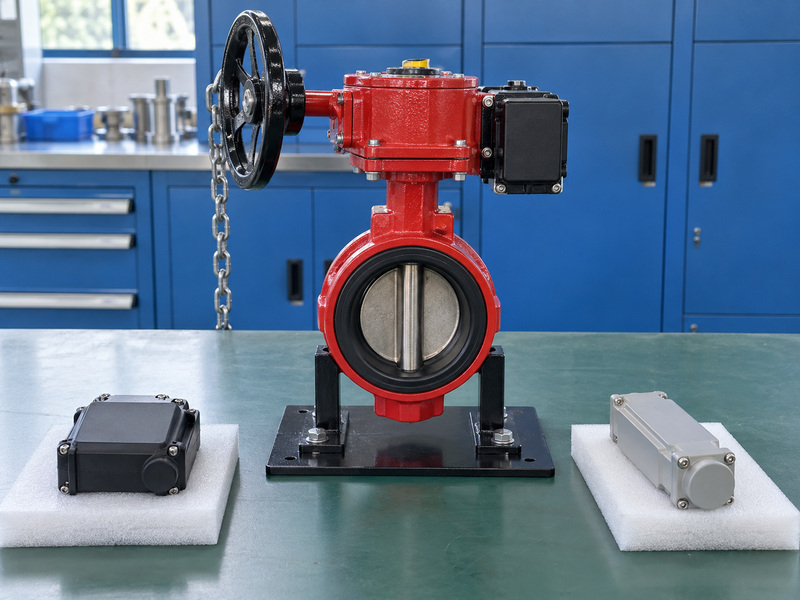 Illustrative butterfly valve supervisory switch output-role review with a complete supported valve, a hanging metal chain, and two separate closed accessory housings on foam pads.