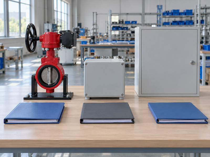 Illustrative butterfly valve supervisory switch document-chain review with a complete valve, a separate closed module box, a closed control cabinet, and three blank folders.