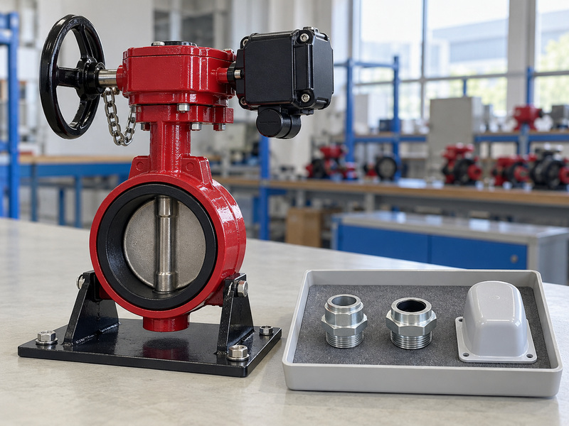 Illustrative butterfly valve supervisory switch enclosure review with a complete supported valve and a separate tray containing two conduit fittings and a gray protective cover.