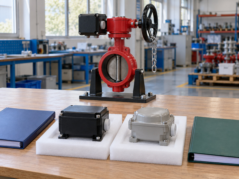 Illustrative butterfly valve supervisory switch replacement-document review with two separate closed housings on foam pads, blue and green blank folders, and a complete valve behind them.