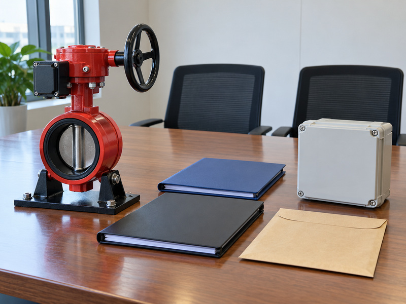Illustrative butterfly valve supervisory switch handover desk awaiting review, with a complete valve, a separate closed module box, blank folders, a paper envelope, and two empty chairs.
