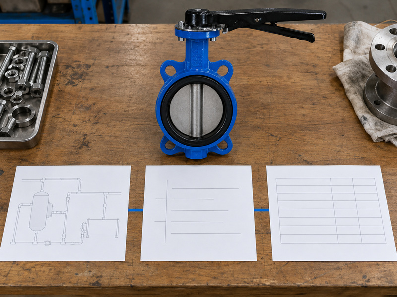 Piping, line-pattern and tabular reference sheets beside a valve for butterfly valve symbol checks
