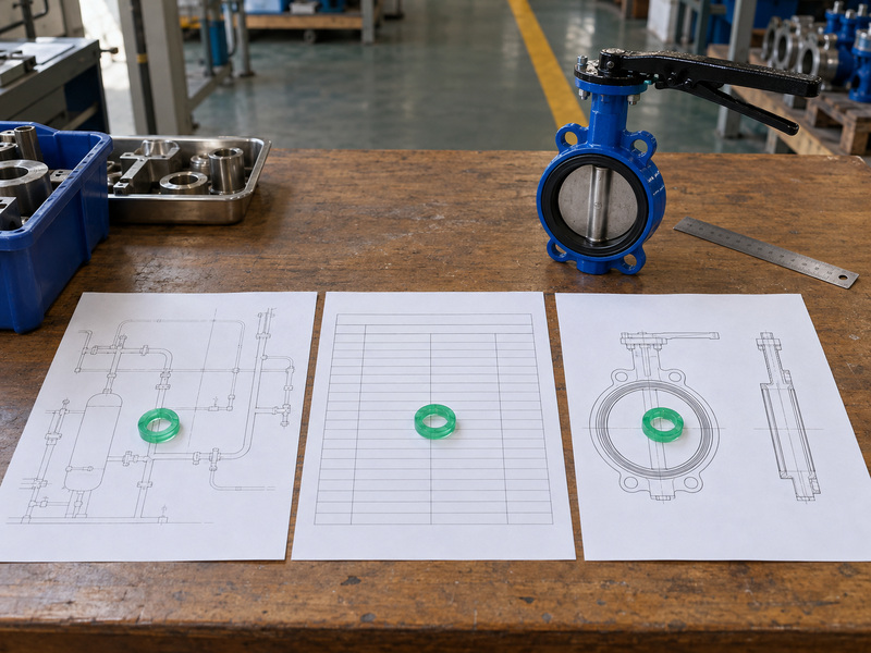 Green markers link a diagram, parts sheet and valve drawing during butterfly valve symbol review
