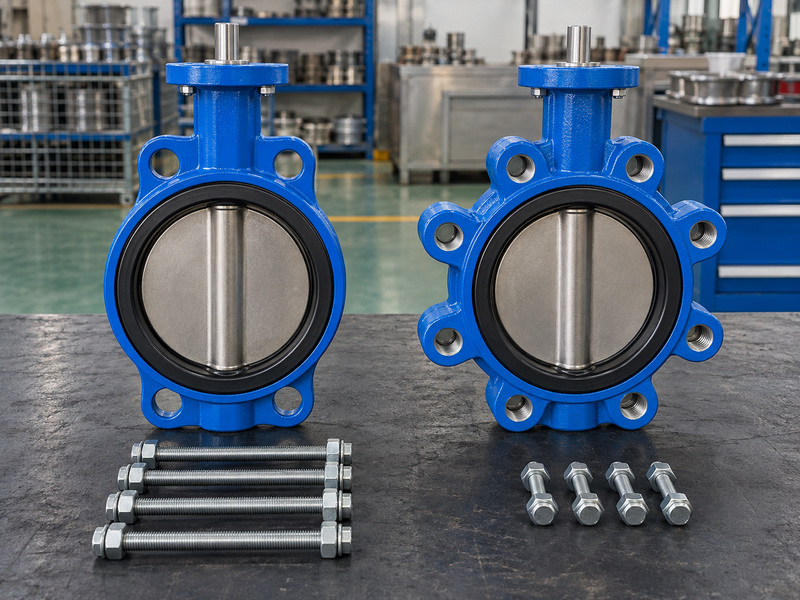 Wafer and lug valve bodies with representative bolt styles for butterfly valve symbol connection checks
