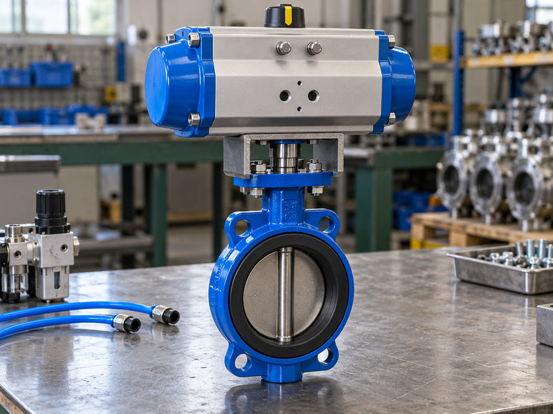 butterfly valve with double acting actuator: Actuator centered over a butterfly valve shaft