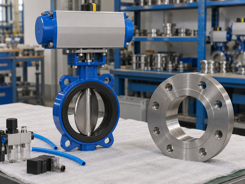 butterfly valve with double acting actuator: Uninstalled valve beside a separate mating flange