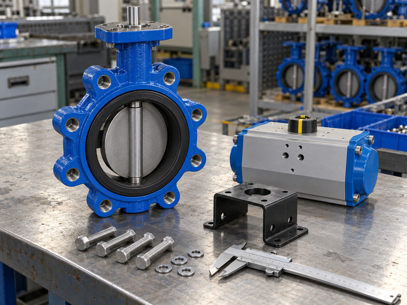 butterfly valve with double acting actuator: Fasteners and lug valve on an assembly bench