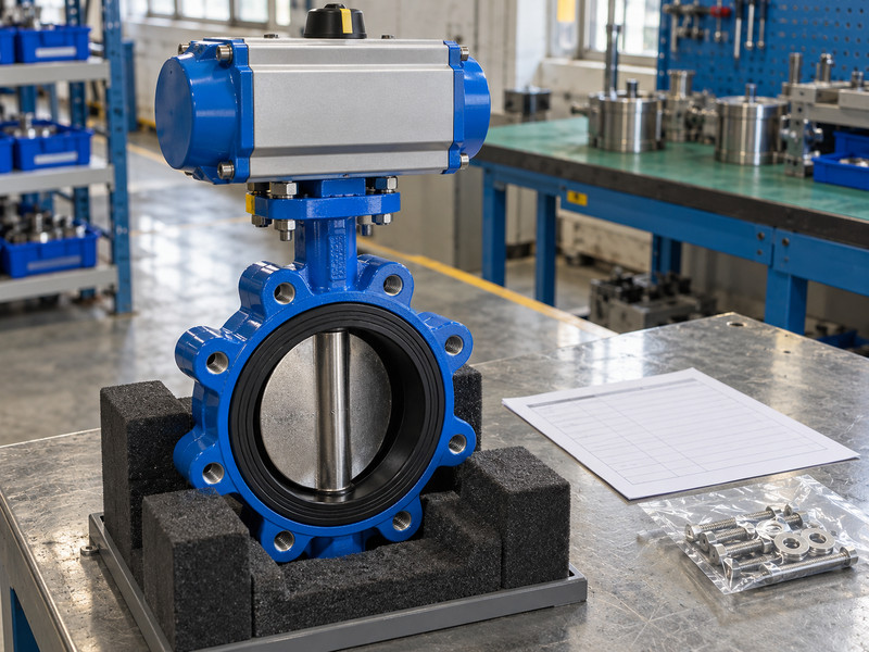 butterfly valve with double acting actuator: Finished actuator valve assembly in an inspection cradle