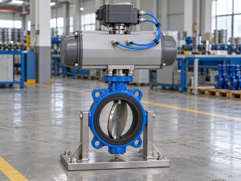butterfly valve with positioner illustration showing a rotary positioner on a supported pneumatic butterfly valve assembly