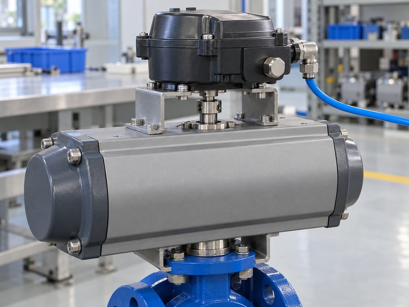 butterfly valve with positioner illustration showing a rotary feedback coupling and positioner mounting bracket