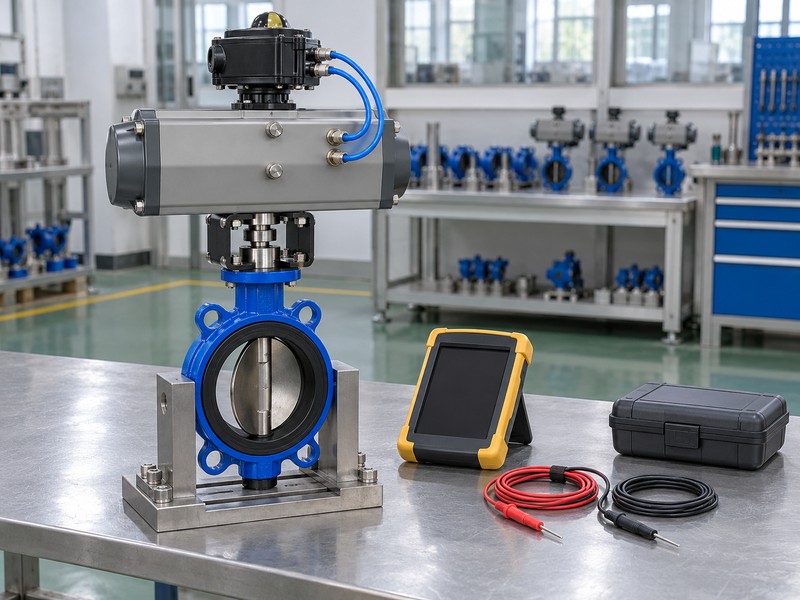 butterfly valve with positioner factories illustration showing a disconnected command-and-feedback test bench beside a pneumatic assembly