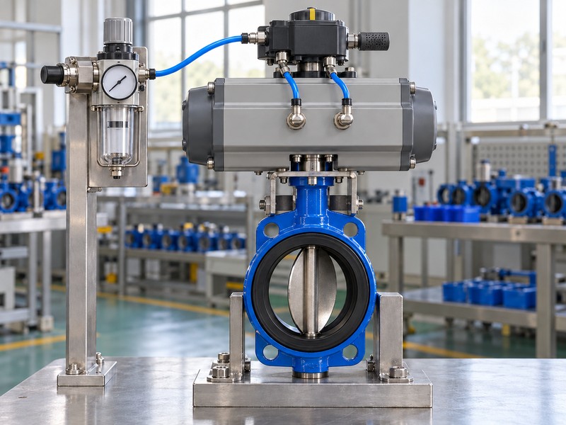 butterfly valve with positioner supplier illustration showing a filter regulator and supported instrument-air tubing at an actuator