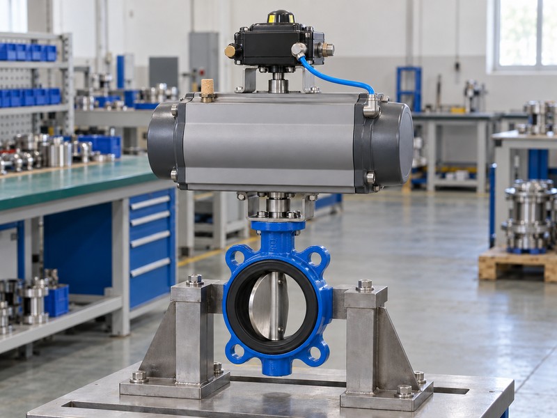 butterfly valve with positioner supplier illustration showing a quarter-turn actuator housing and rotary positioner for failure-action review