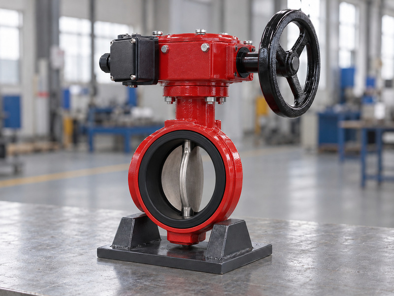Illustrative butterfly valve with supervisory switch, a handwheel gear operator and a visible disc inside a single bore on a factory stand.