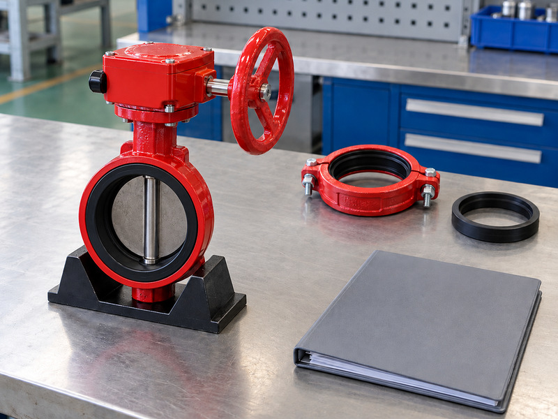 Illustrative butterfly valve with supervisory switch beside a separate coupling, gasket and blank document folder arranged on a factory bench.