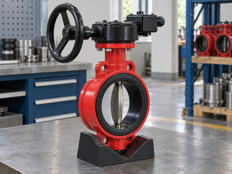 Illustrative butterfly valve with supervisory switch and a handwheel gear operator, showing the disc edge inside its single bore on a factory bench.