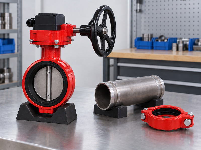 Illustrative butterfly valve with supervisory switch beside a separate grooved pipe sample and coupling for a mechanical interface review.