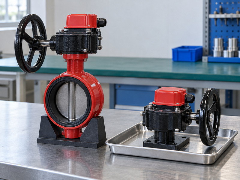Illustrative butterfly valve with supervisory switch beside a separate enclosed gear and handwheel assembly on a factory bench.