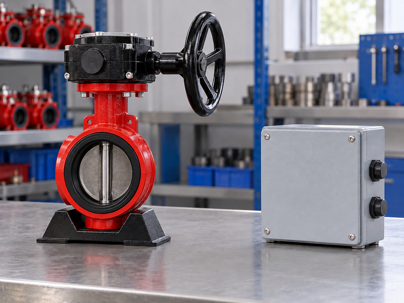 Illustrative butterfly valve with supervisory switch beside a separate closed metal enclosure with no connecting wires on a factory bench.