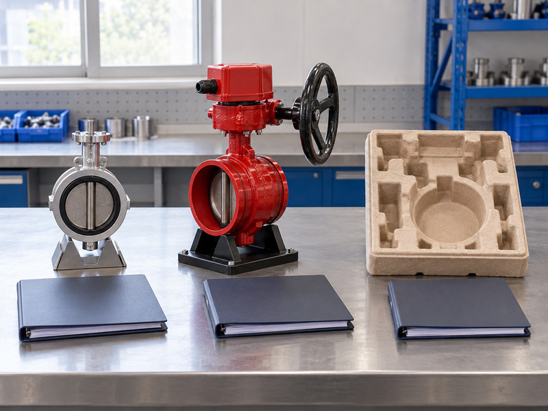Illustrative butterfly valve with supervisory switch in a three-part bench layout with a silver valve model, an empty packing tray and blank folders.