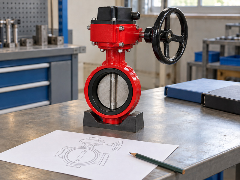 Illustrative butterfly valve with supervisory switch beside an unlabelled mechanical outline drawing, a pencil and closed folders on a factory bench.