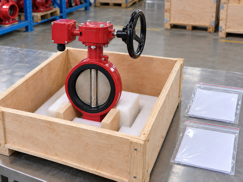 Illustrative butterfly valve with supervisory switch supported inside an open protective wooden crate beside two sealed blank document sleeves.