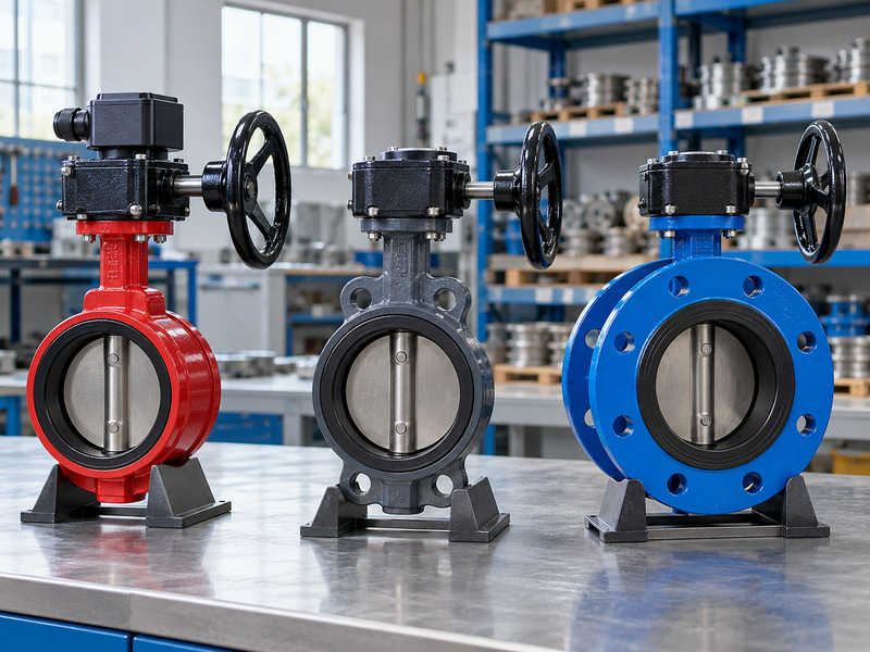 Illustrative butterfly valve with supervisory switch at left beside wafer and flanged butterfly valves for a connection and package comparison on a factory bench.