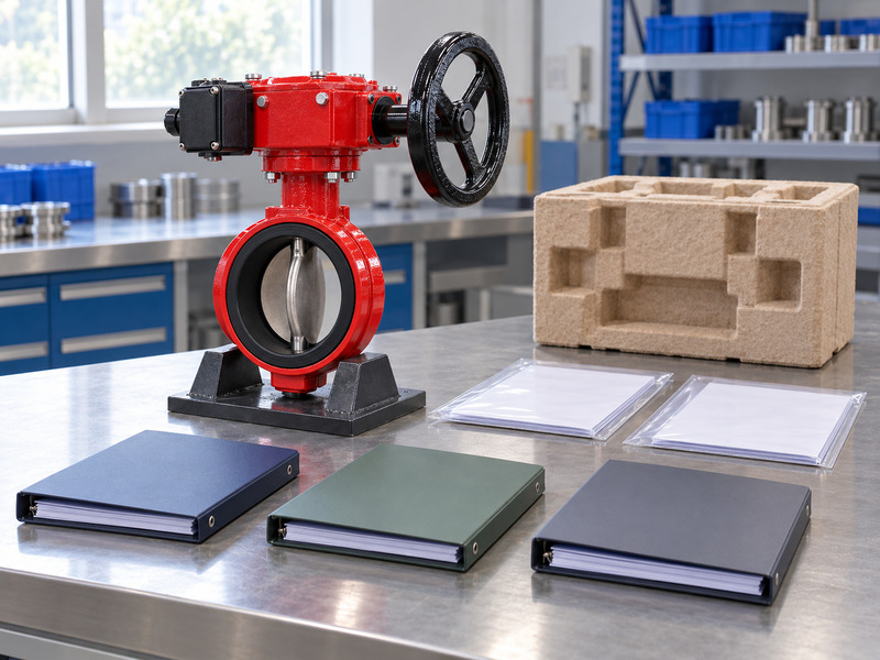 Illustrative butterfly valve with supervisory switch exporter review scene showing a complete red valve, three blank binders, blank document sleeves, and an empty molded packing tray.